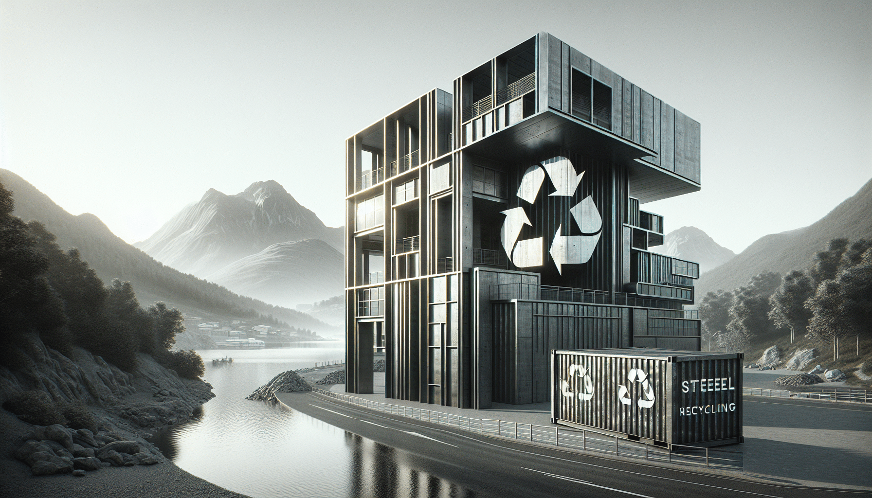 Innovative steel building with recycling symbol in British Columbia landscape