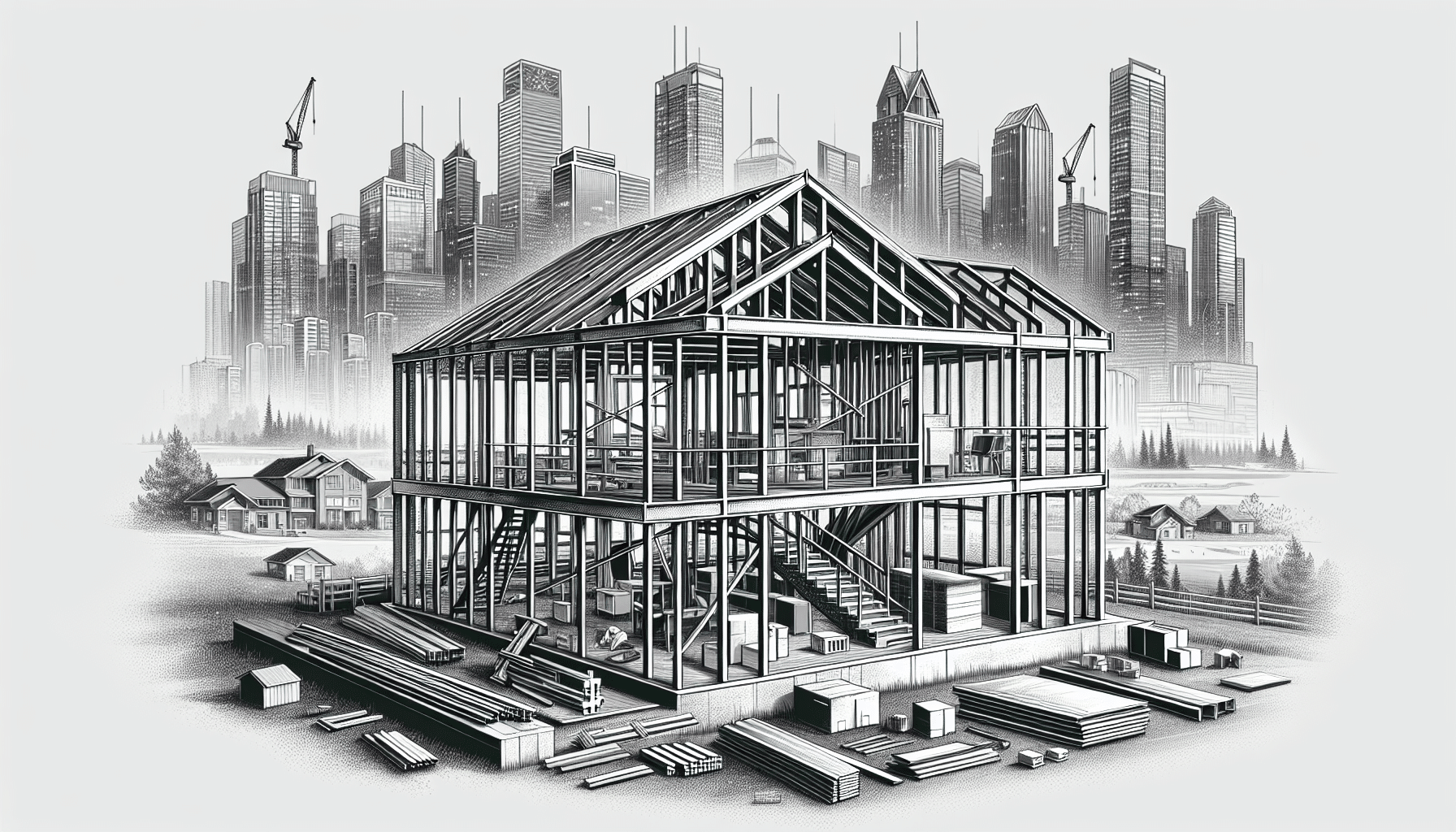 Steel frame house under construction with urban skyline in background