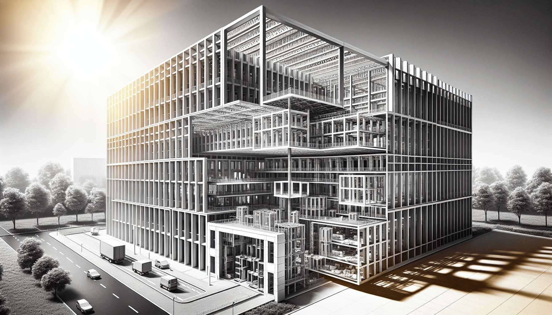 Steel modular hospital construction under bright sunlight