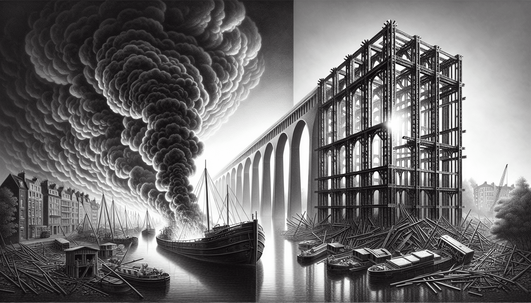 Steel structure standing tall amidst smoke and debris in an urban setting.