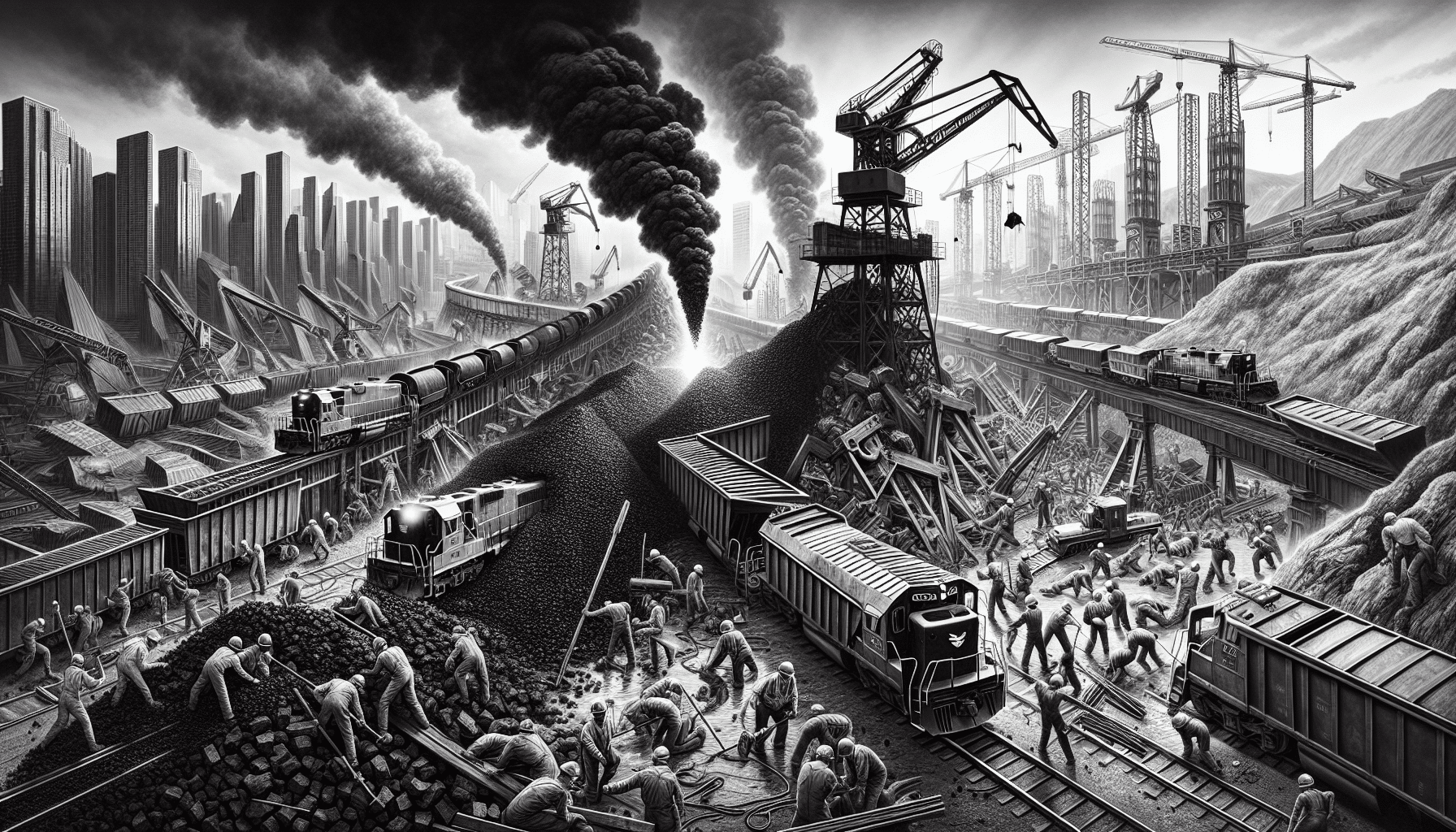 Industrial scene with steel construction and trains amidst urban landscape.