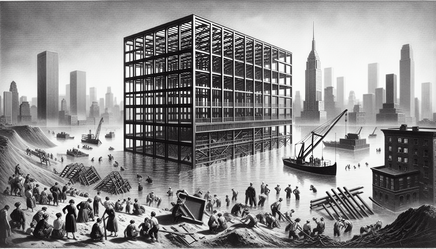 Steel structure with workers in a flooded cityscape showcasing resilience.