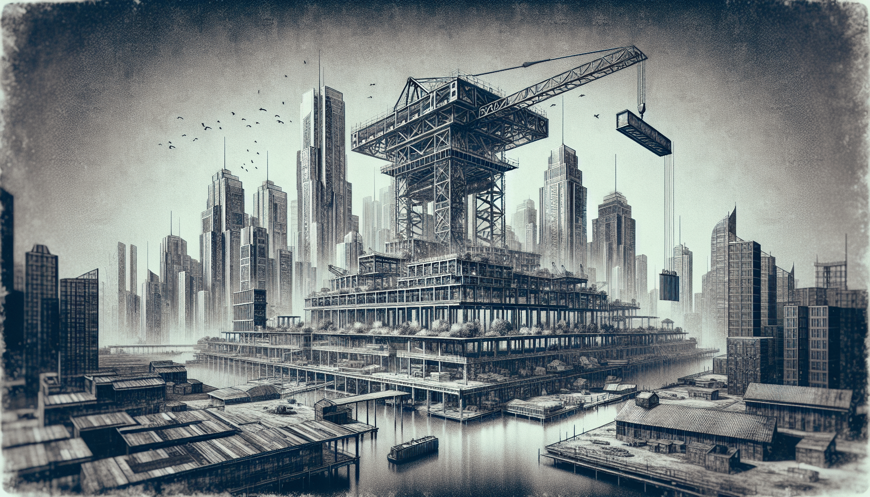 Futuristic steel construction in a Canadian cityscape with cranes and skyscrapers.