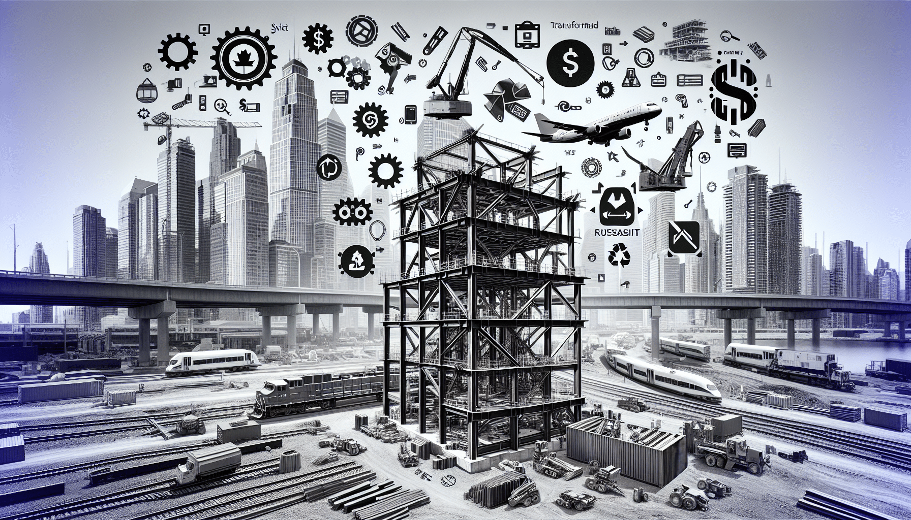 Steel construction framework with Canadian cityscape background