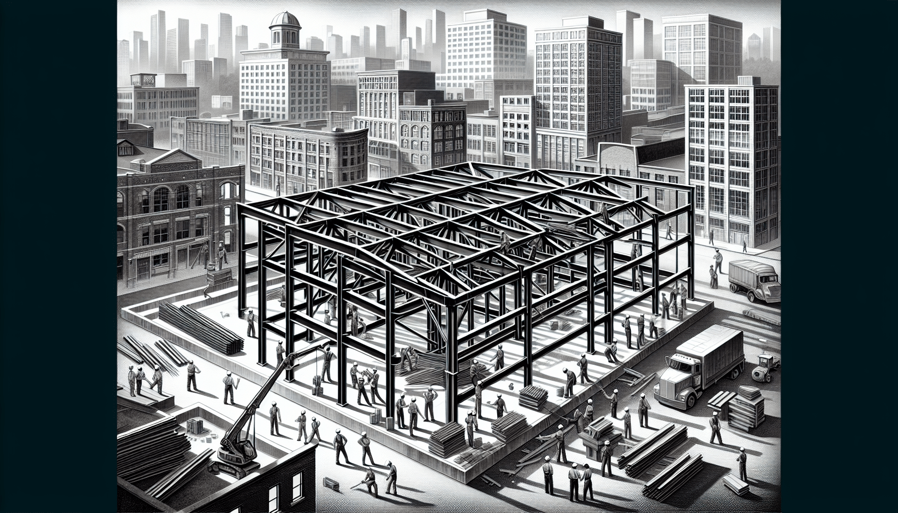 Steel construction site in urban Canadian city with workers.