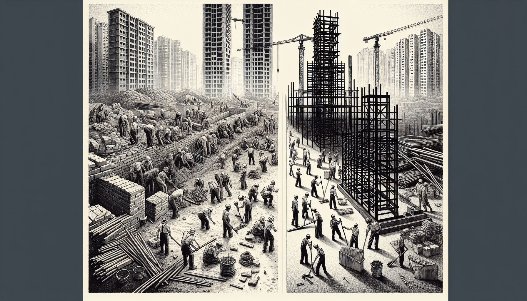 Steel construction vs traditional building methods with workers and materials.