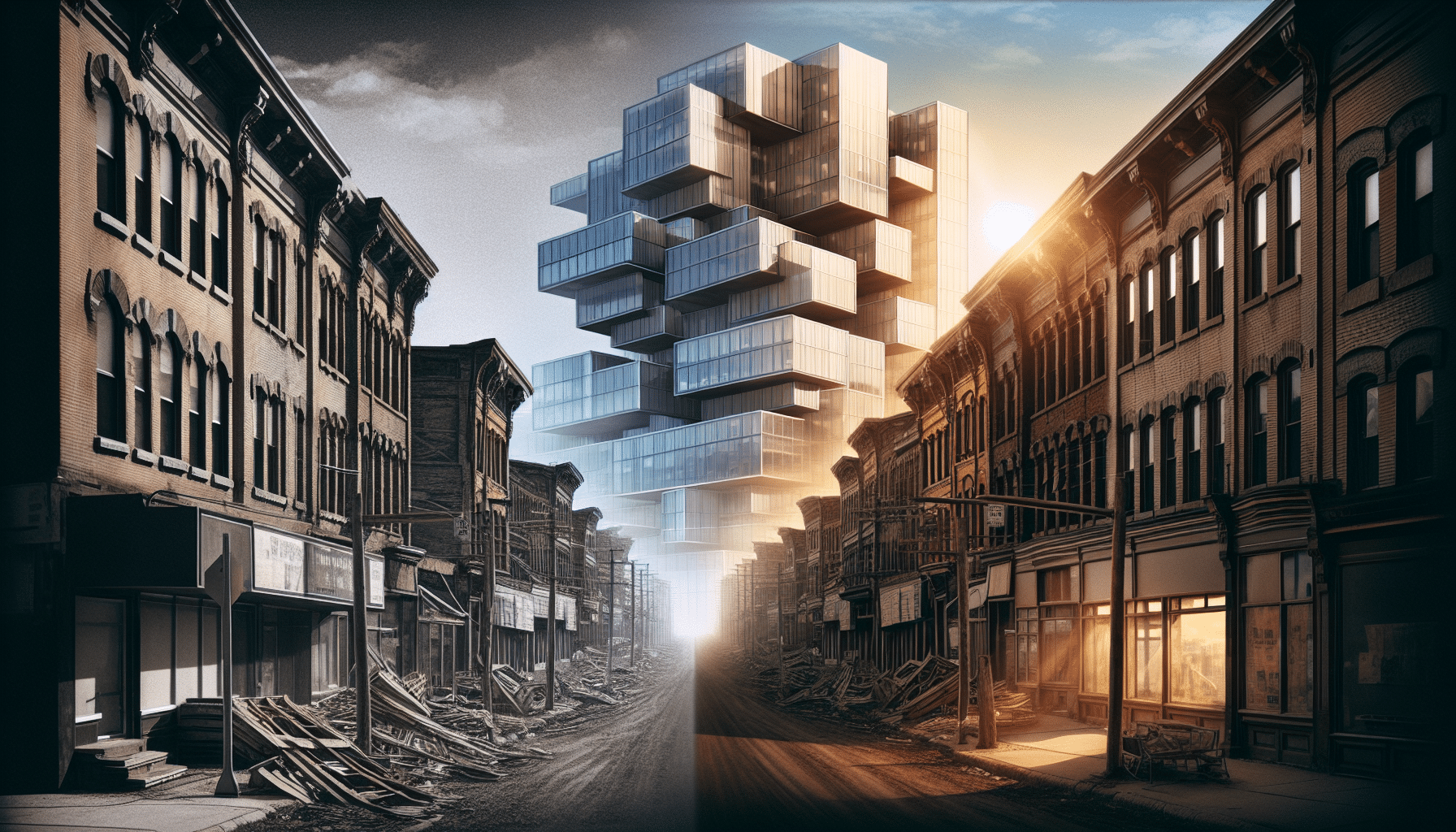 Modern steel building rising above old Sudbury street transformation.