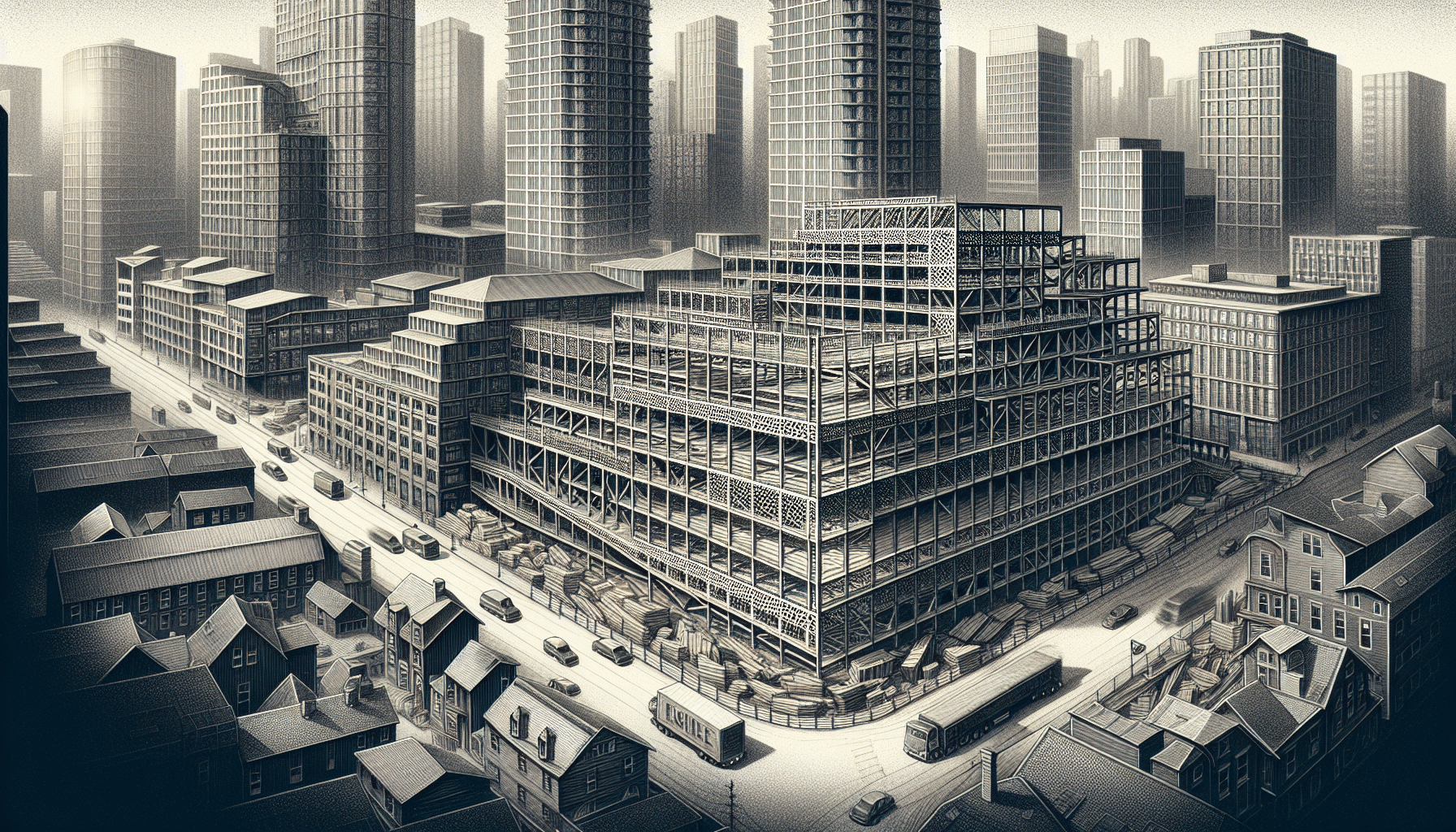 Steel construction site in Toronto with high-rise buildings in the background.