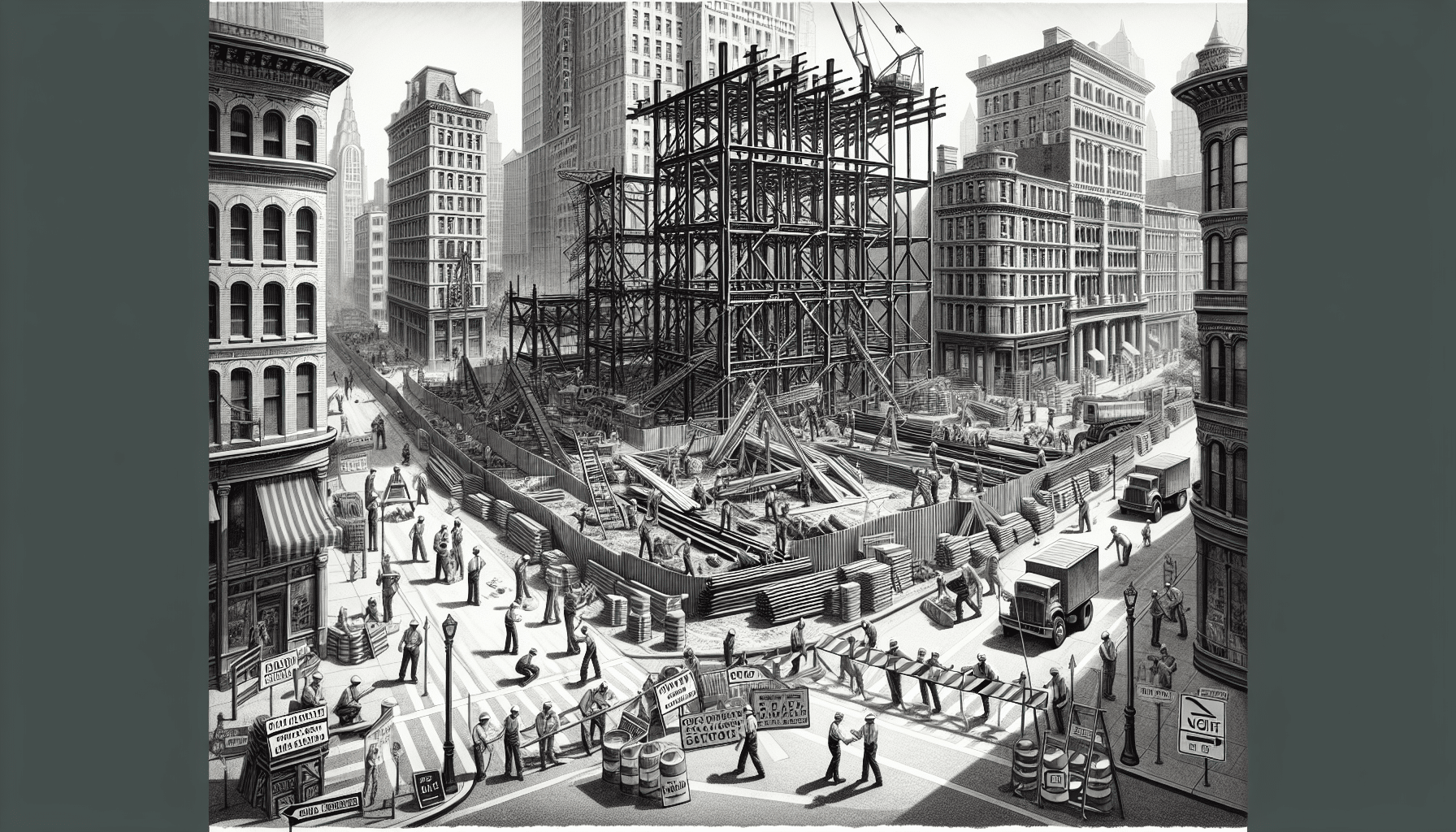 Historic urban construction site with steel frameworks in a bustling city.