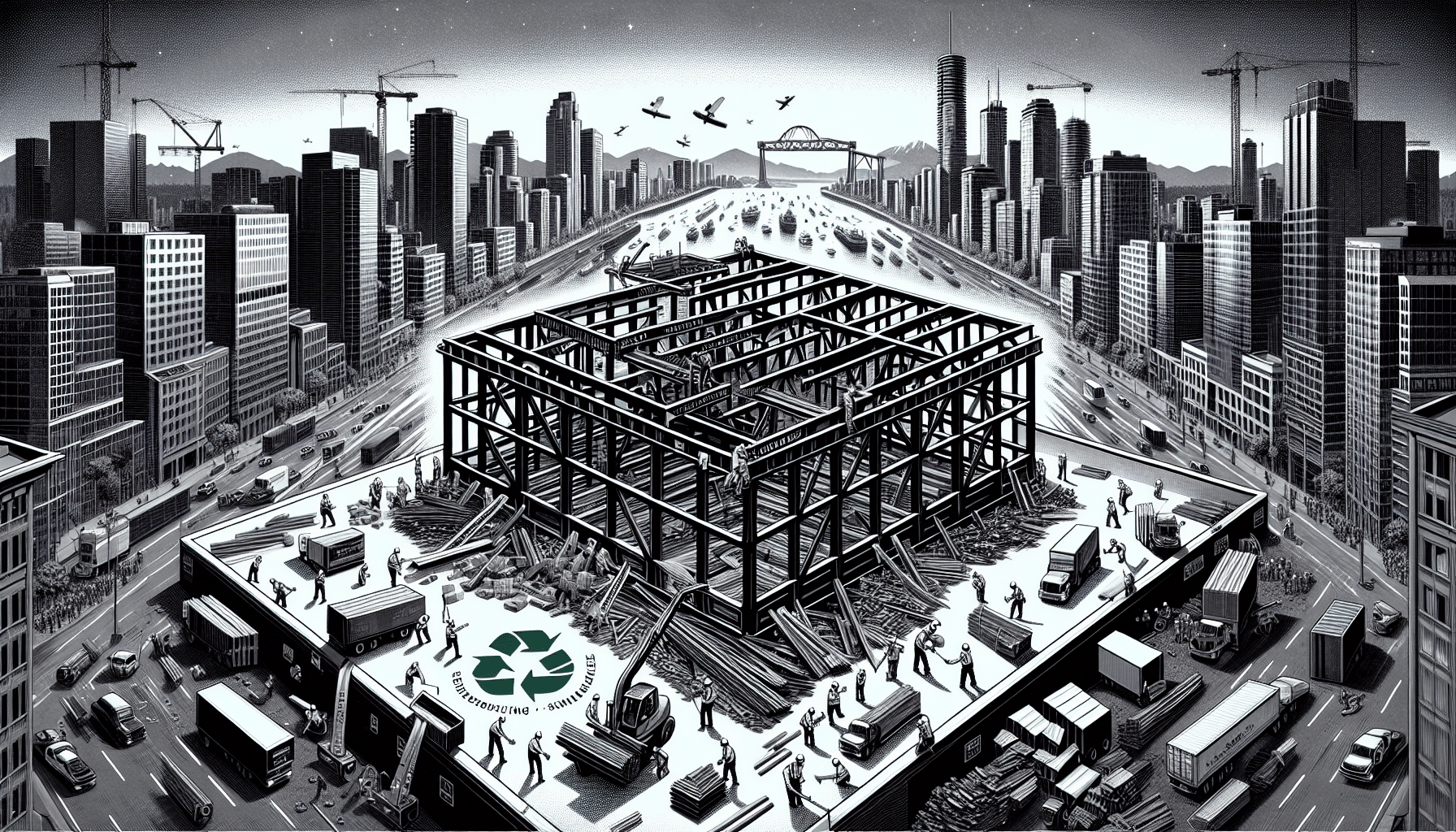 Steel construction site in Vancouver with cranes and workers.