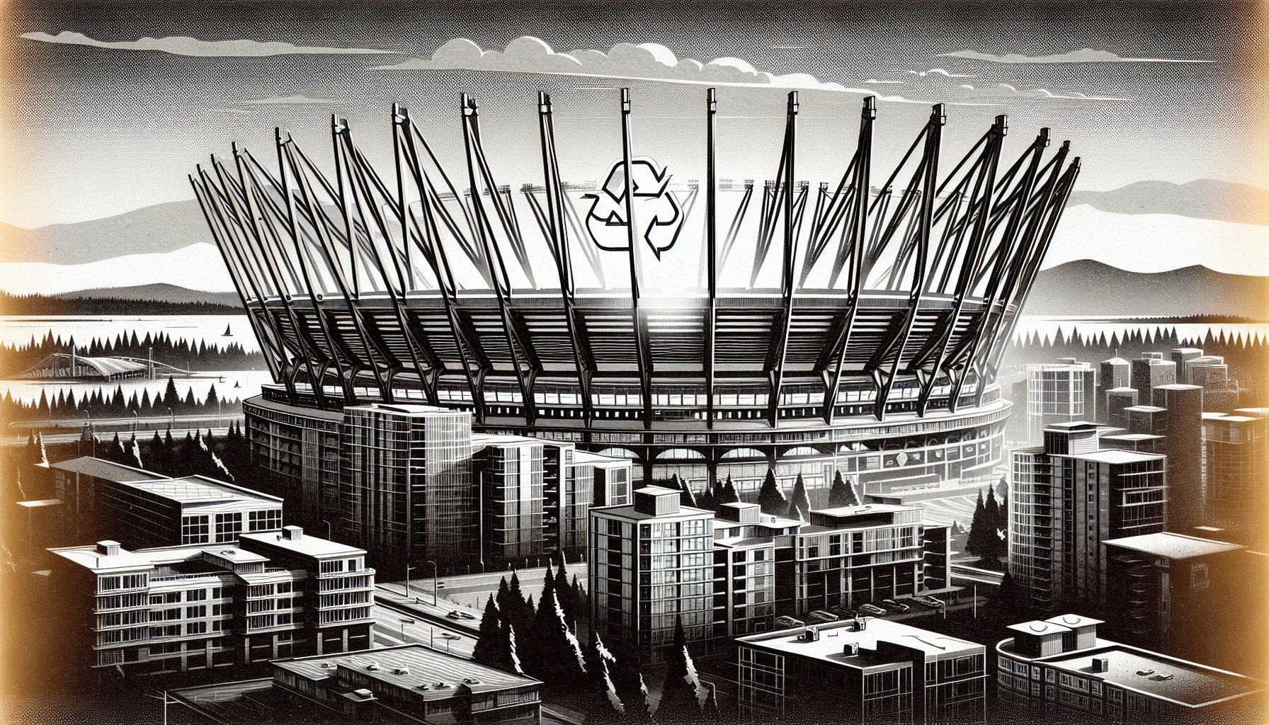 Illustration of a futuristic steel stadium in Vancouver with surrounding cityscape.