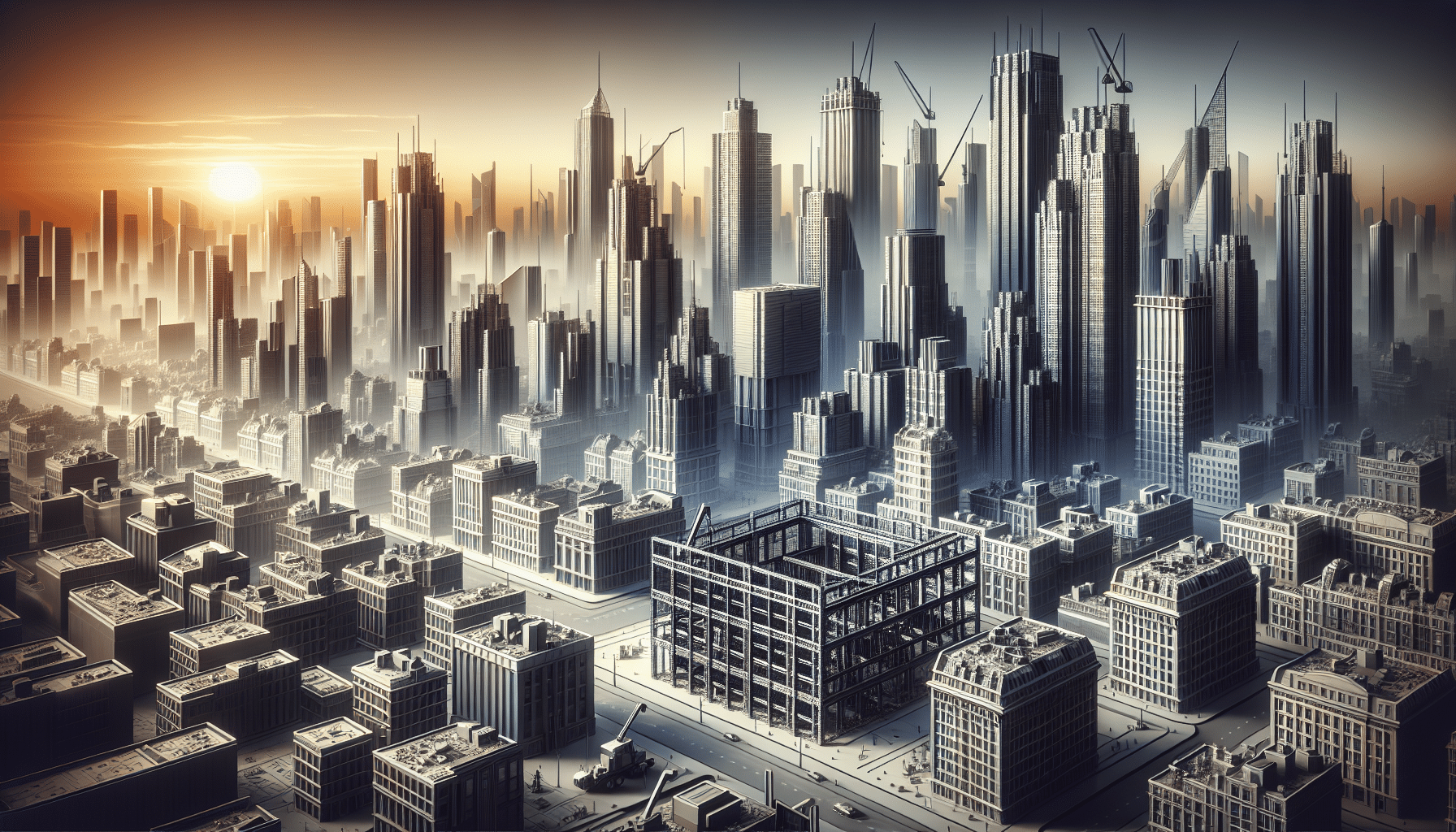 Modern steel skyline of Windsor with cranes and construction at sunset.