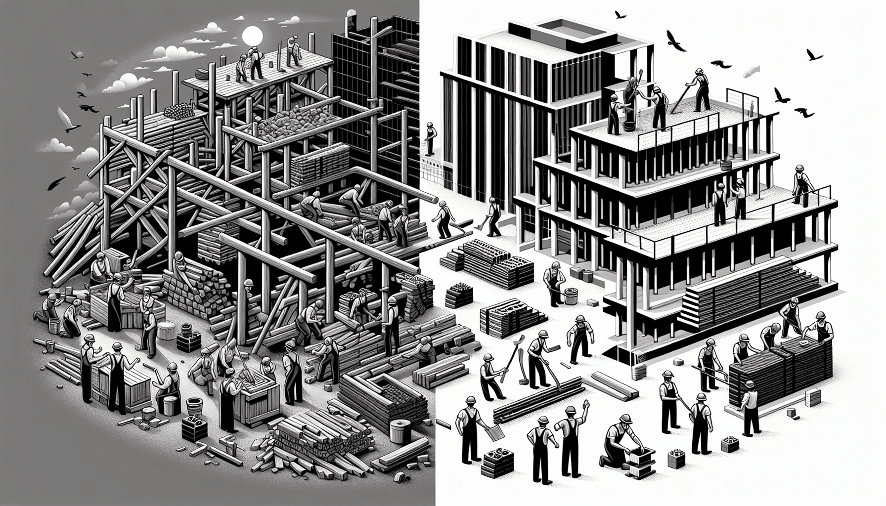 Illustration of Canadian construction evolution from wood to steel buildings.