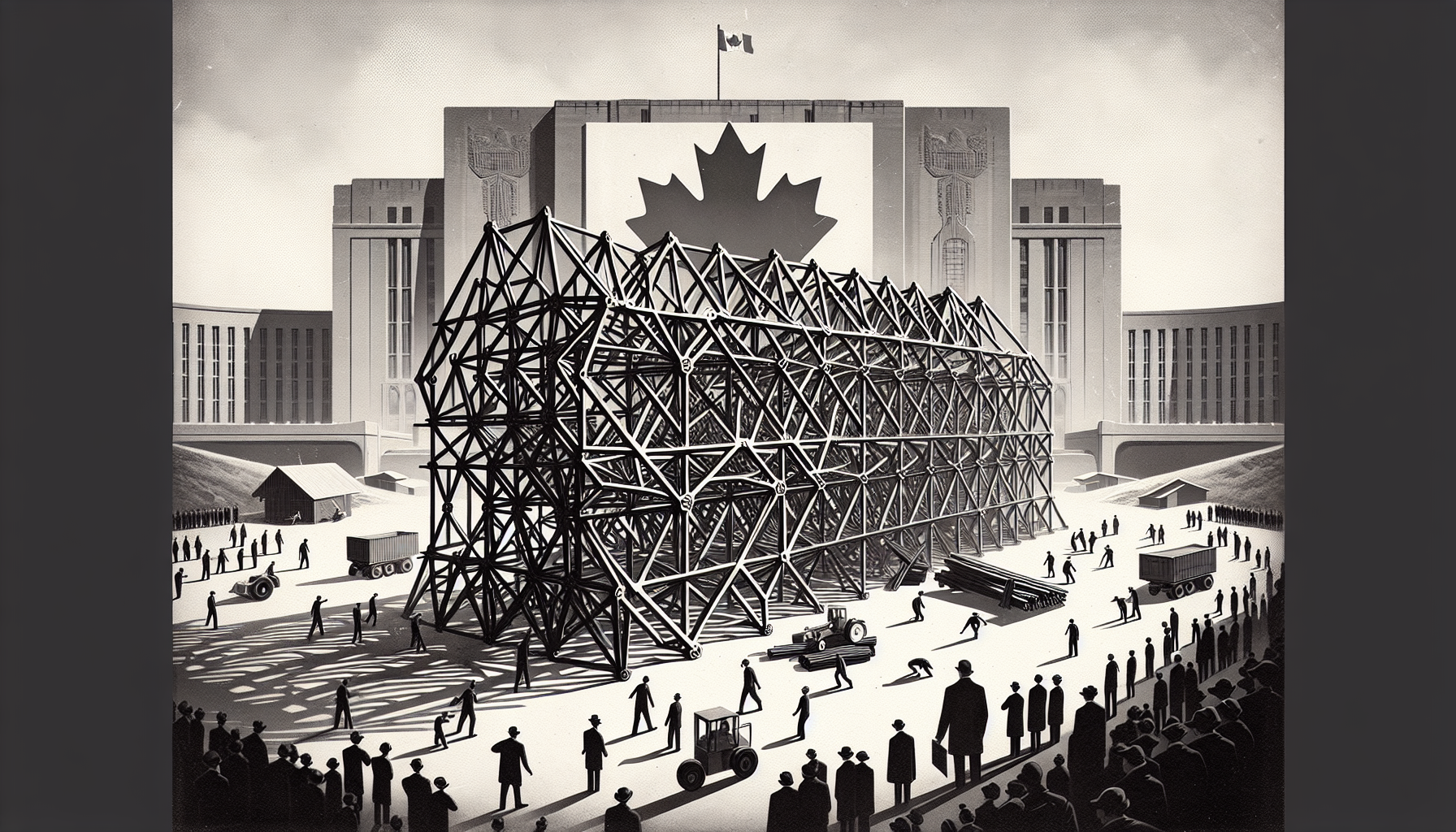 Steel construction framework in front of a Canadian government building.
