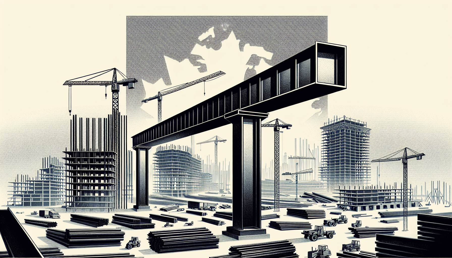 Steel construction site with cranes and beams in Canada