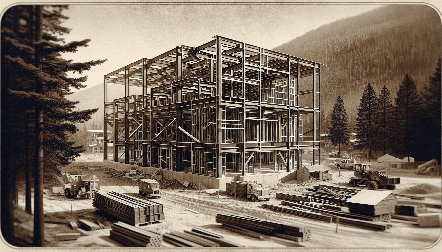 Steel construction of a large building in a forested area.