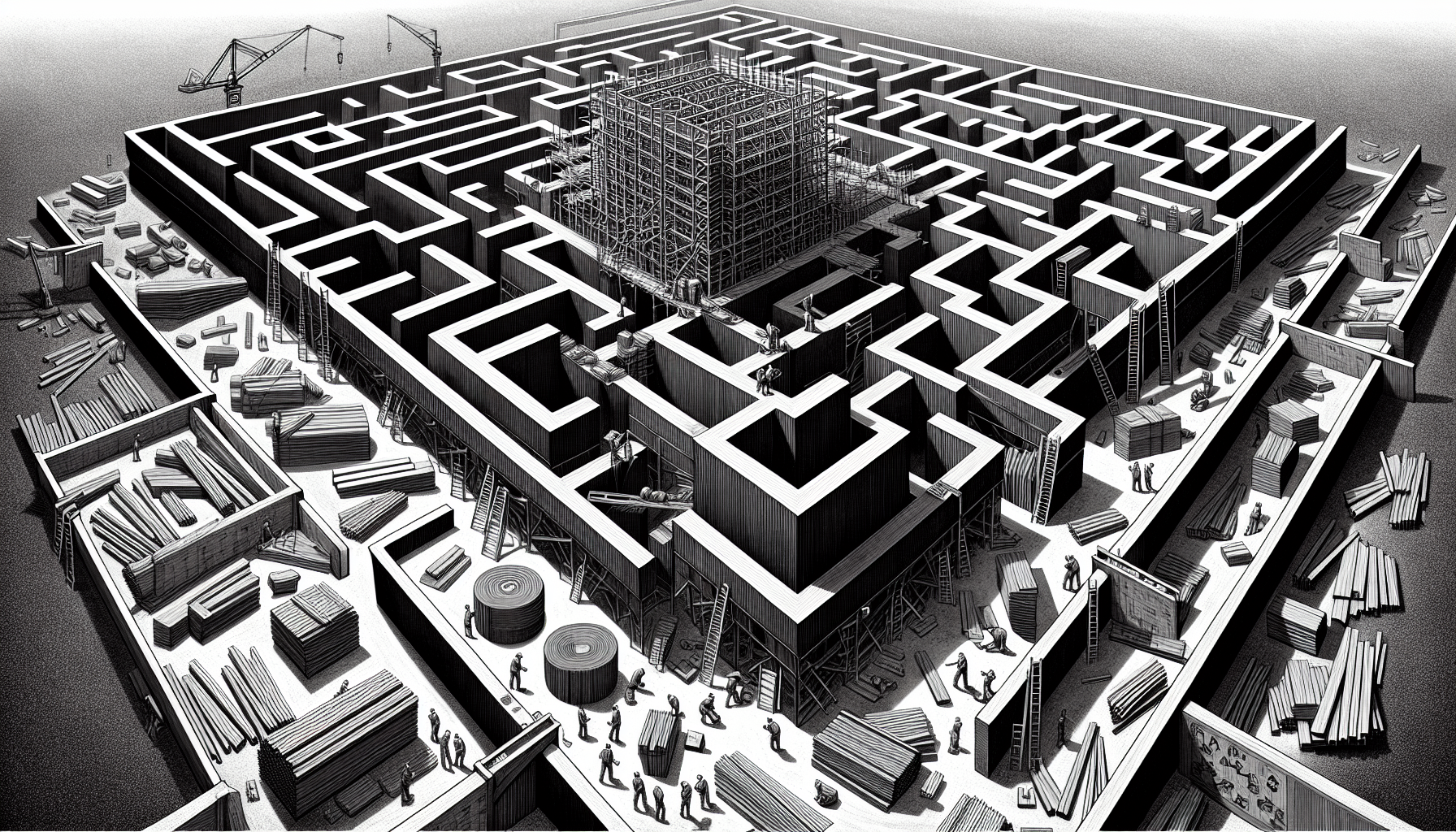 Intricate steel construction site resembling a maze with workers and materials.