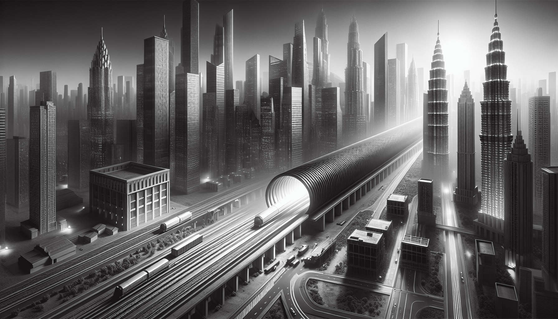 Futuristic Nanaimo skyline with steel buildings and tunnel.