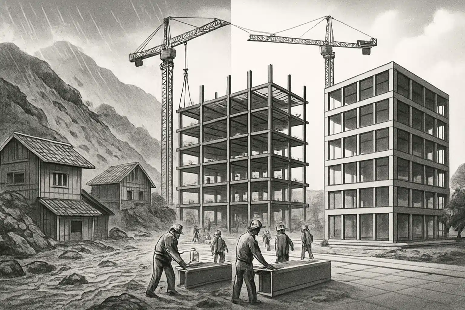 Steel construction site with cranes and workers in a mountainous area.