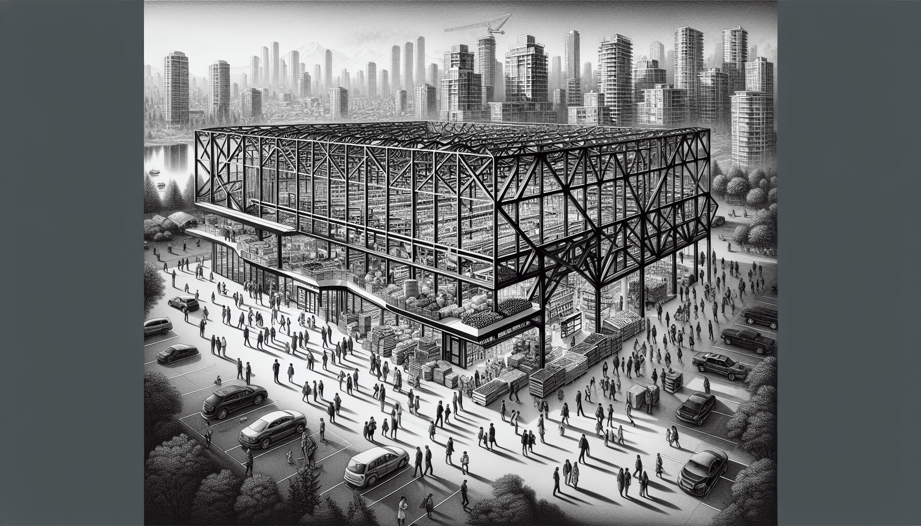 Illustration of a steel grocery store expansion in a bustling urban area.