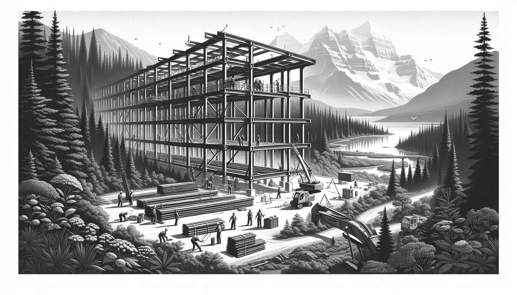 Steel construction site in British Columbia with mountains in the background.