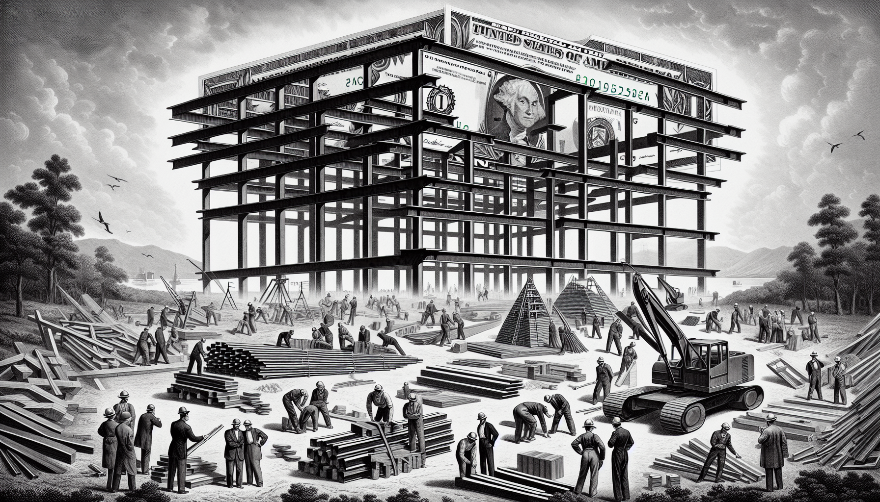 Steel construction site with workers and financial symbols, symbolizing industry growth.