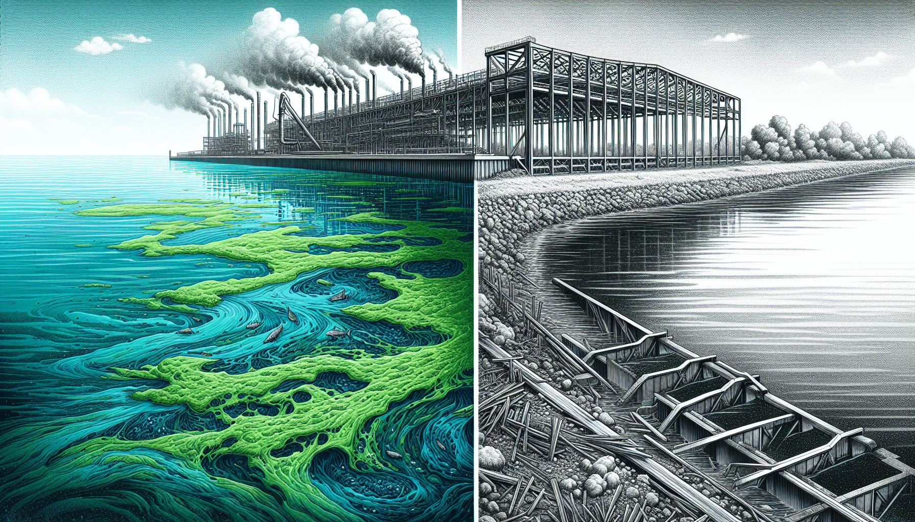 Steel structure beside water with algae and pollution.