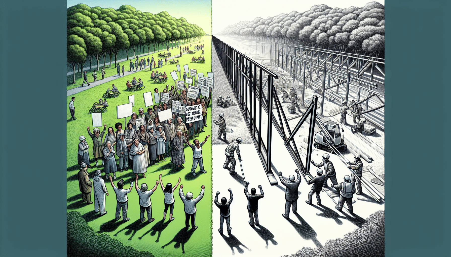 Community protest against steel construction with workers assembling a metal structure.
