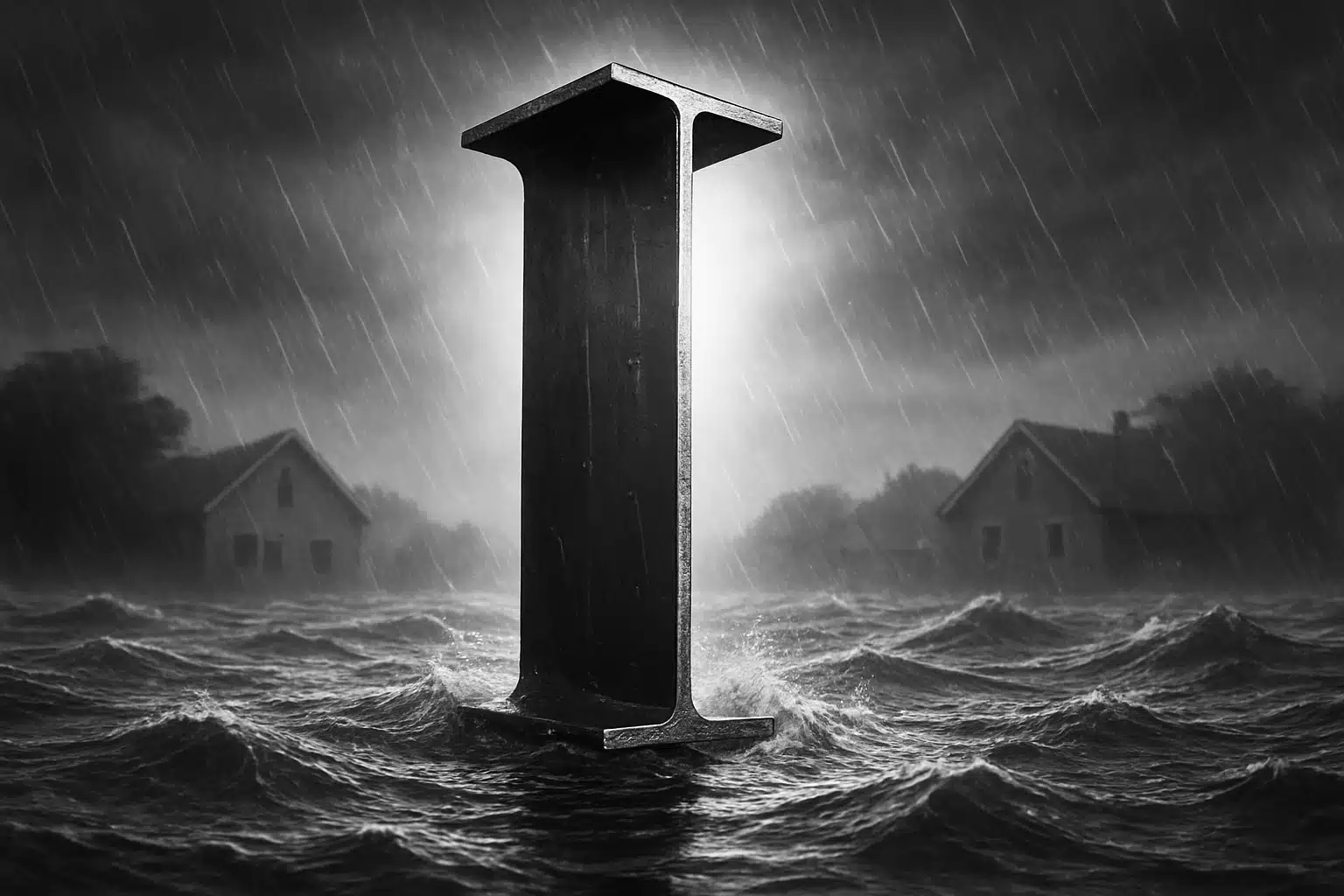 Steel beam standing strong amidst flood waters and rain