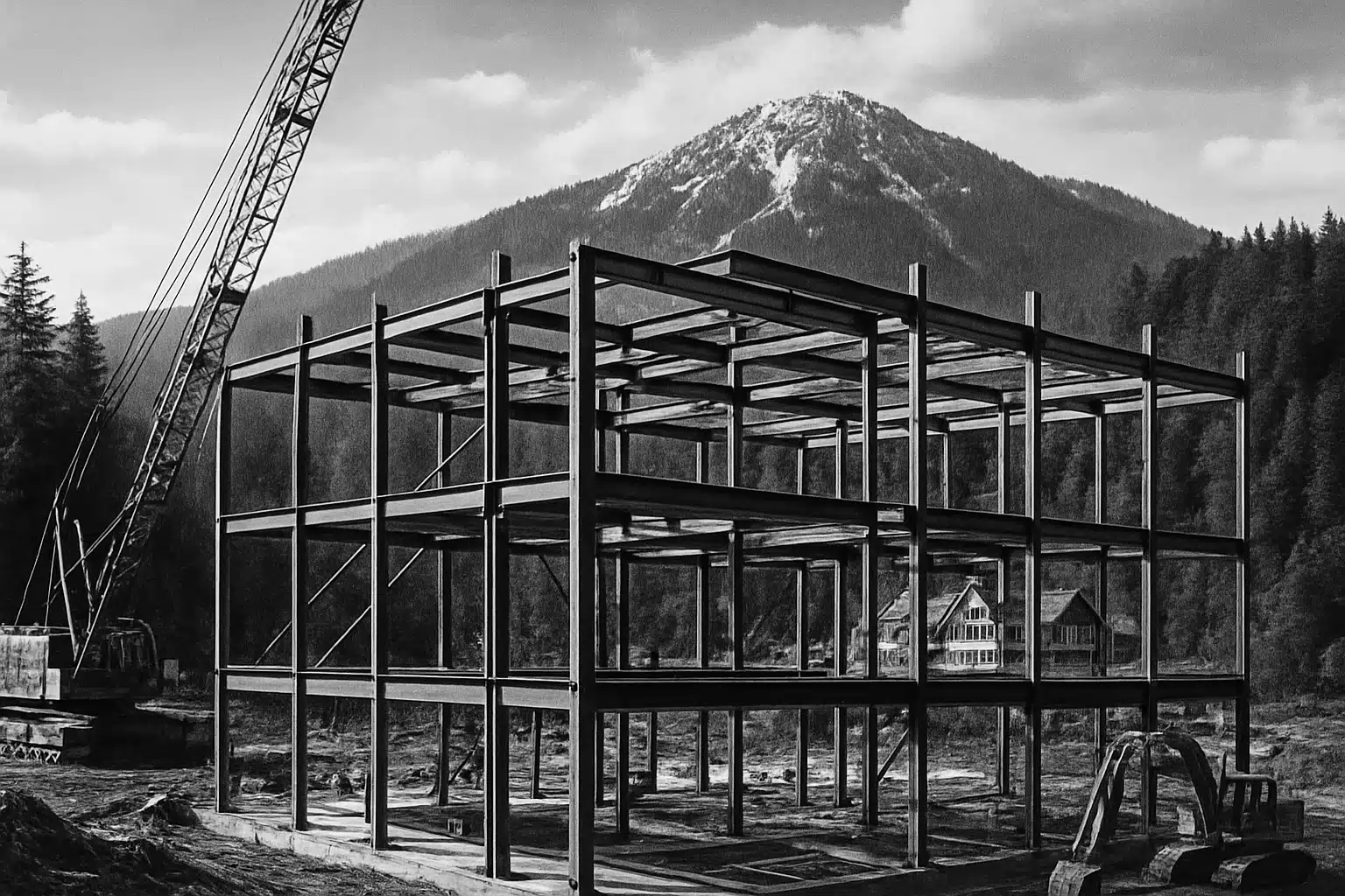 Steel construction frame in front of Mount Seymour with crane in background.