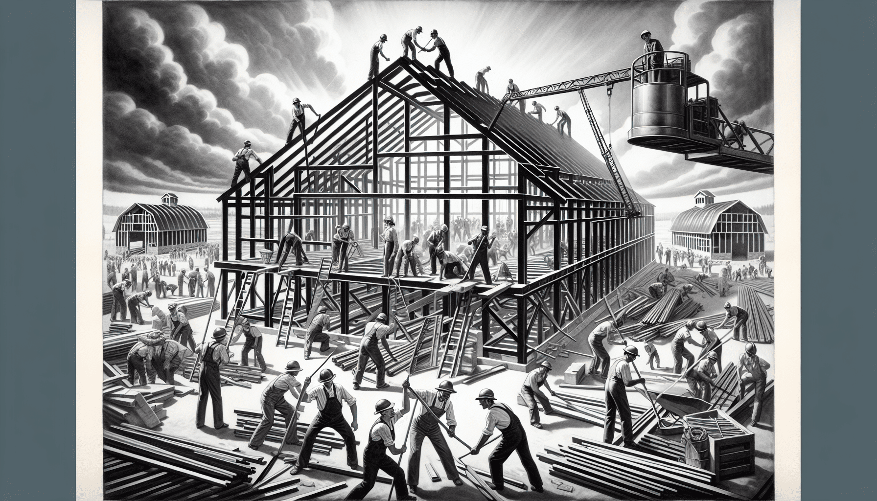 Steel construction site with workers and equipment