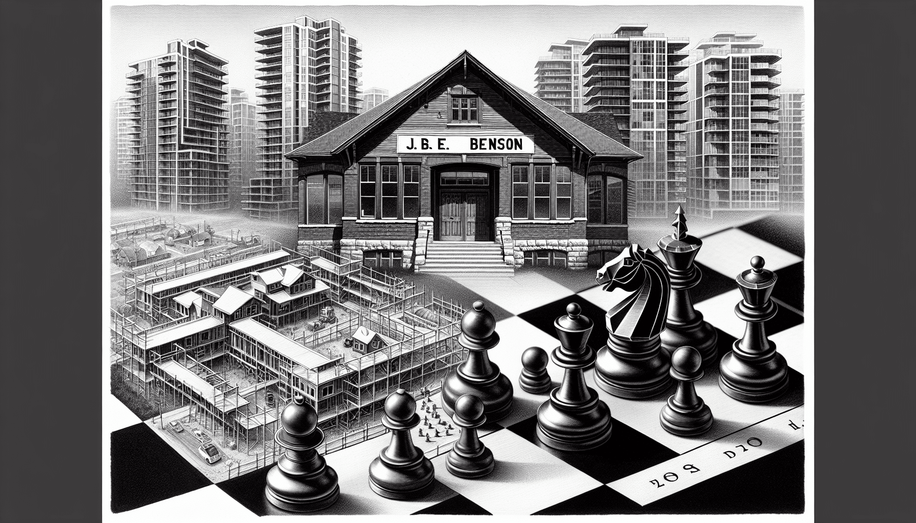 Steel construction projects and chess pieces in Canadian real estate landscape.