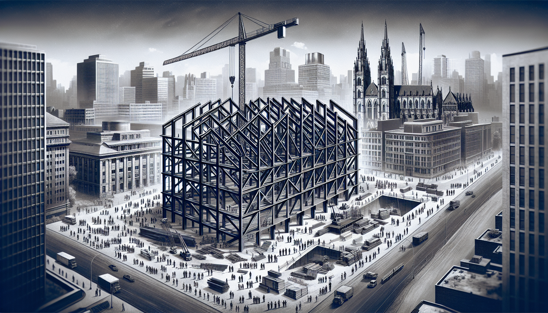 Steel building under construction in a bustling Canadian cityscape.