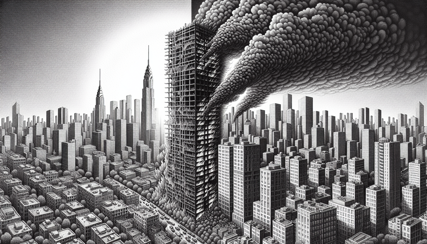 Steel skyscraper emitting smoke in a dense urban skyline.