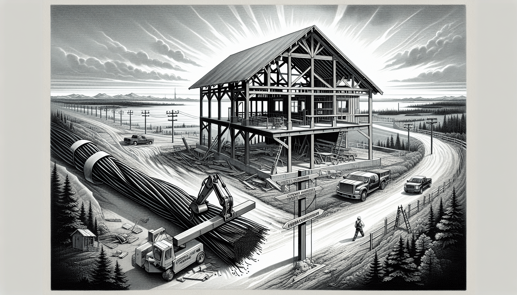 Steel framework of a building under construction with vehicles and equipment nearby