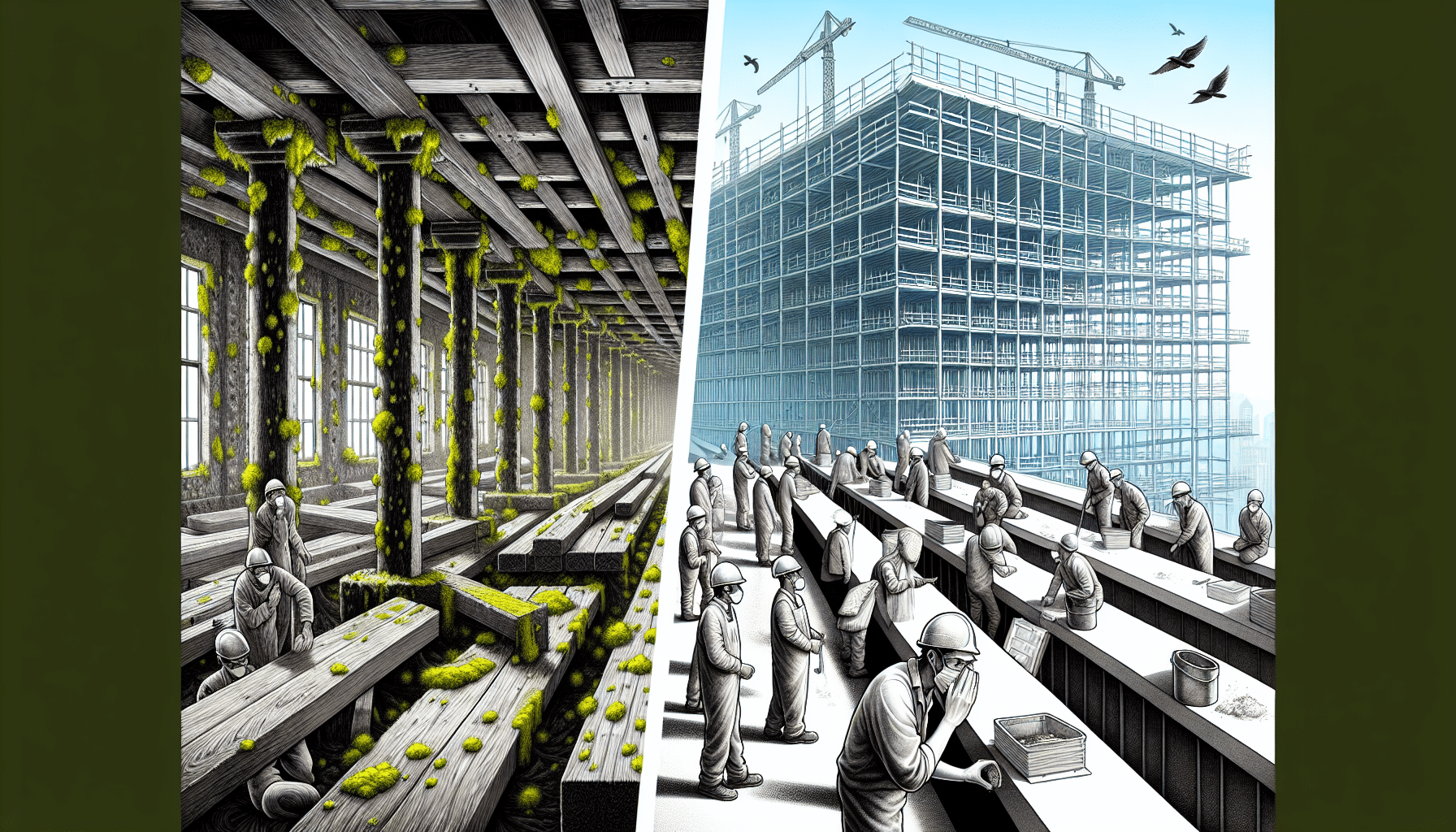Comparison of pollen-covered wooden structure and modern steel construction.