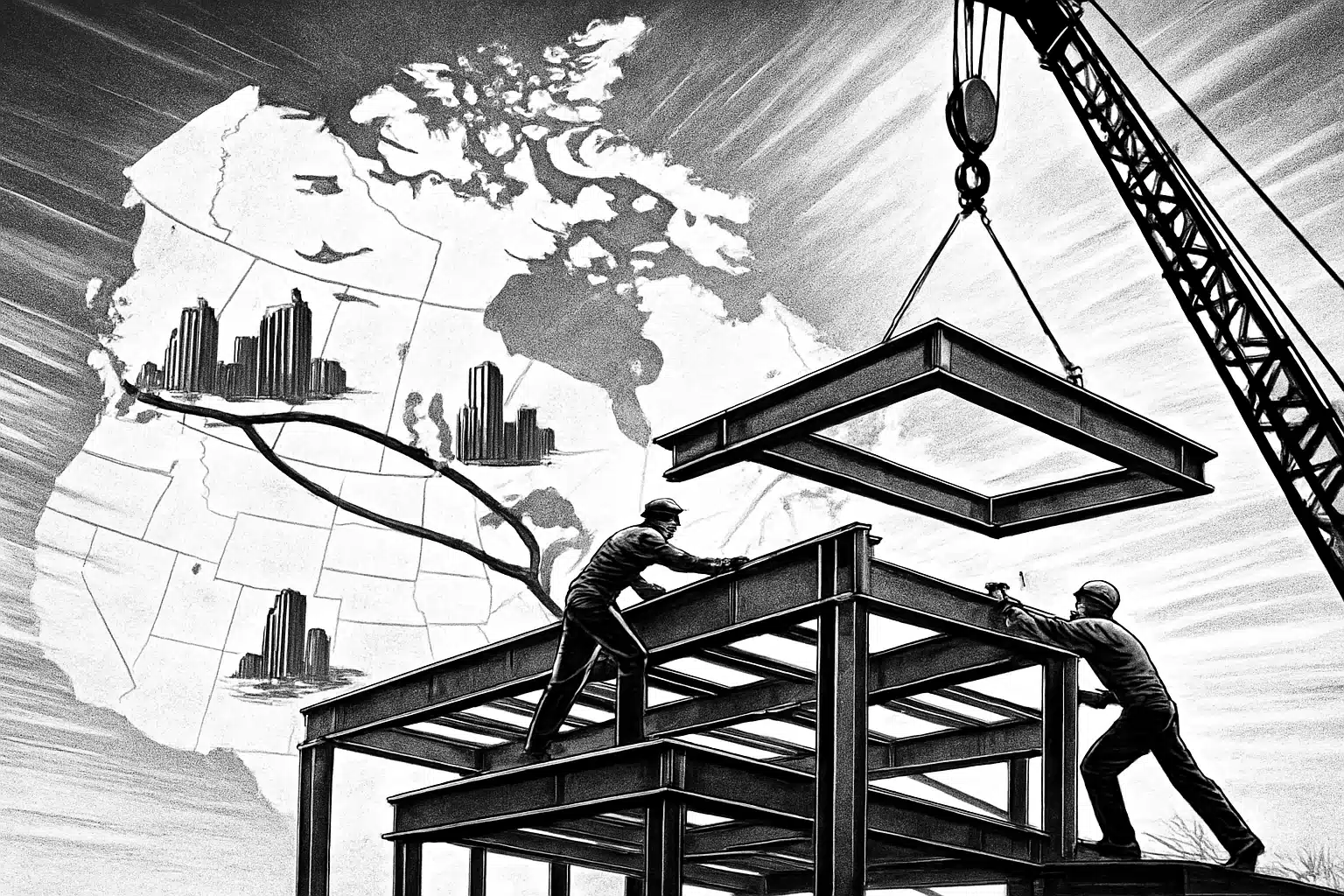 Steel construction workers assembling a structure with a Canada map in the background.