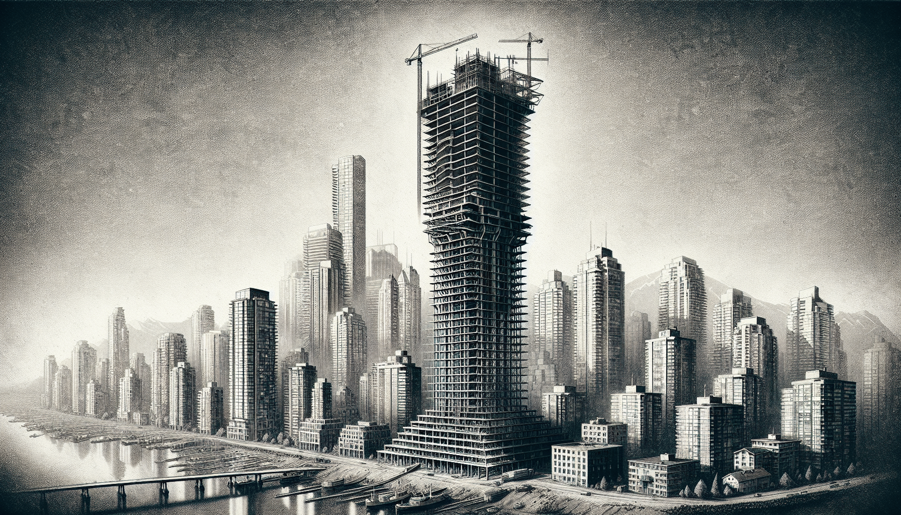 Vancouver skyline with steel construction in progress.