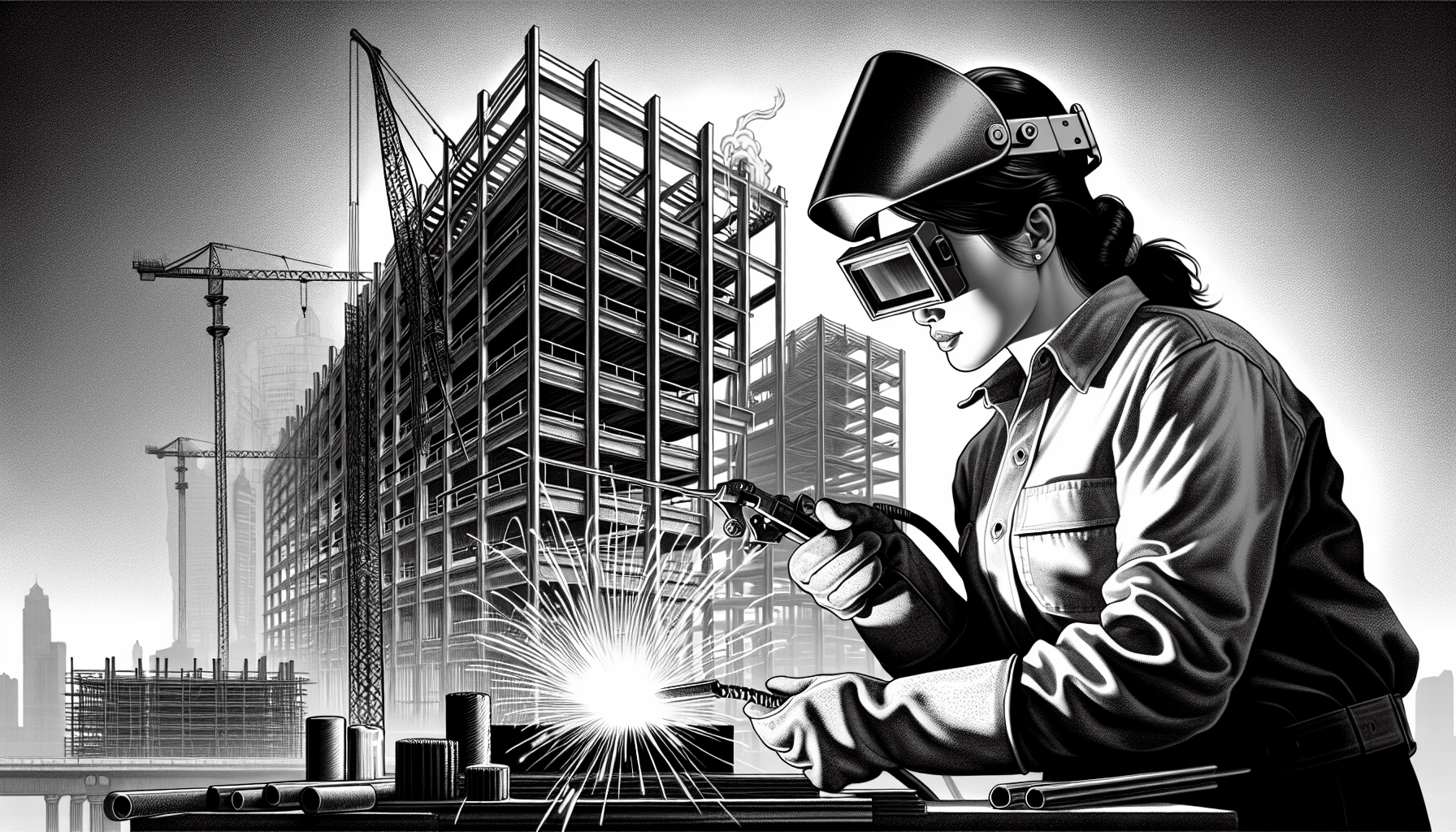 Welder working on steel construction with cranes in the background.