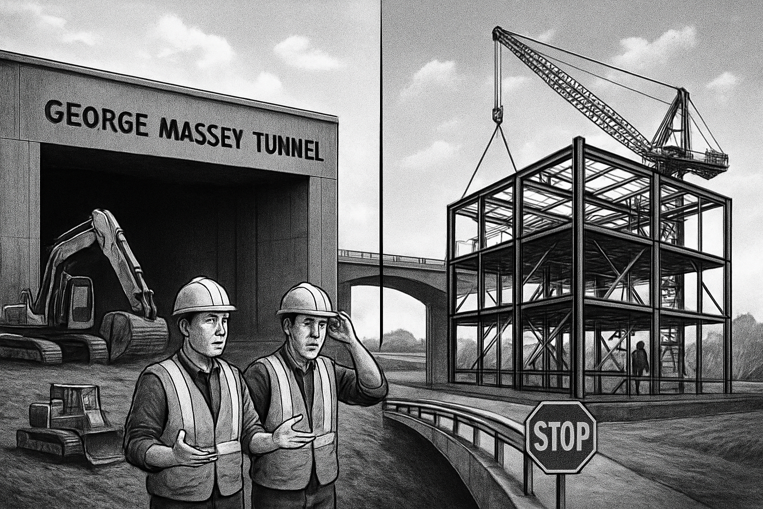 Construction workers near George Massey Tunnel and steel building frame.