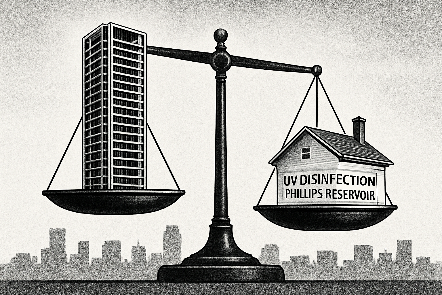 Scale balancing modern skyscraper and traditional house labeled UV Disinfection Phillips Reservoir.