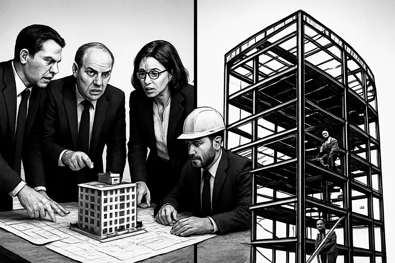 Steel Building Construction Planning and Execution Architects reviewing model with steel building construction in progress