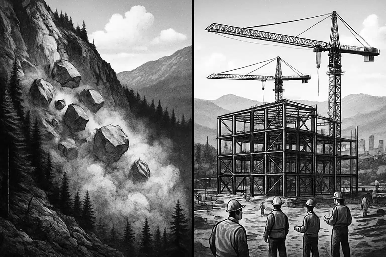 Steel construction site with cranes in British Columbia mountainscape.