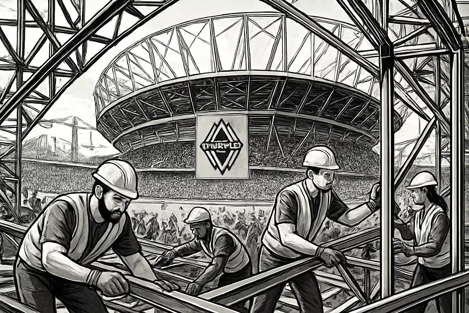 Workers assembling steel structure for Canadian stadium construction.