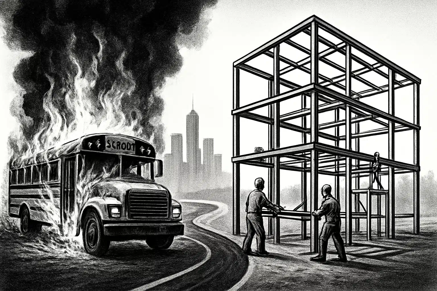 Steel frame construction beside a burning bus with city skyline in background.