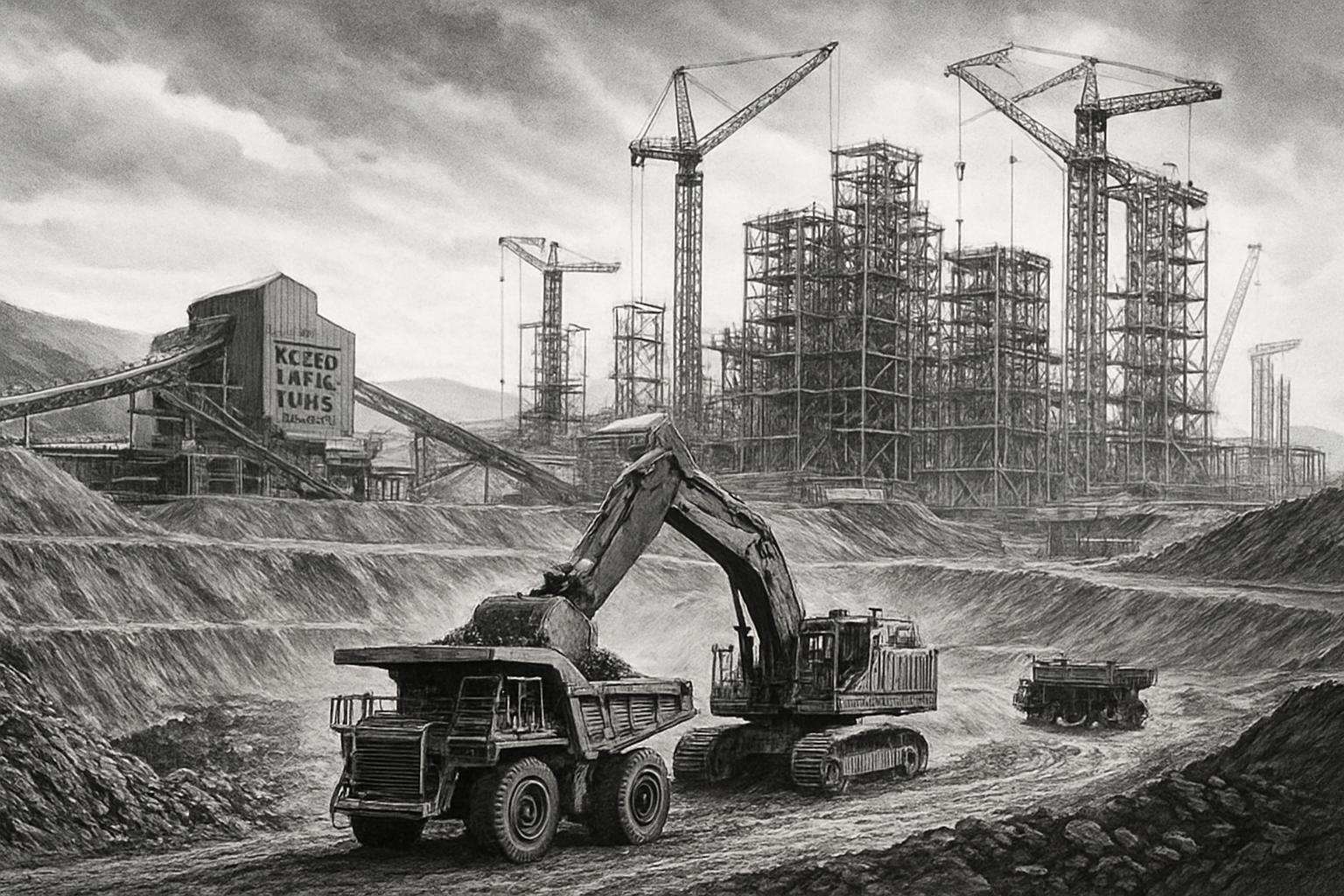 Steel Construction Site At Red Chris Steel construction site with cranes and heavy machinery in a mining area