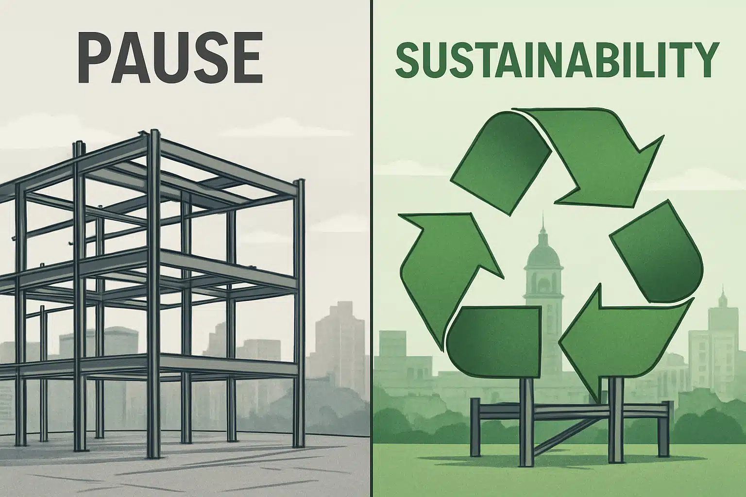 Steel frame structure next to a recycling symbol representing sustainability.