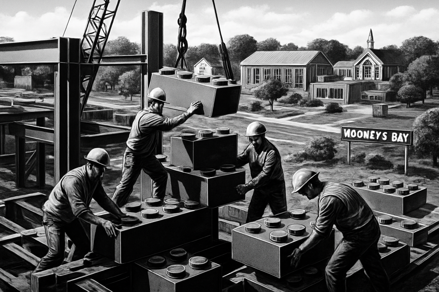 Steel Assembly At Mooney’s Bay Workers assembling steel structure at Mooney's Bay.