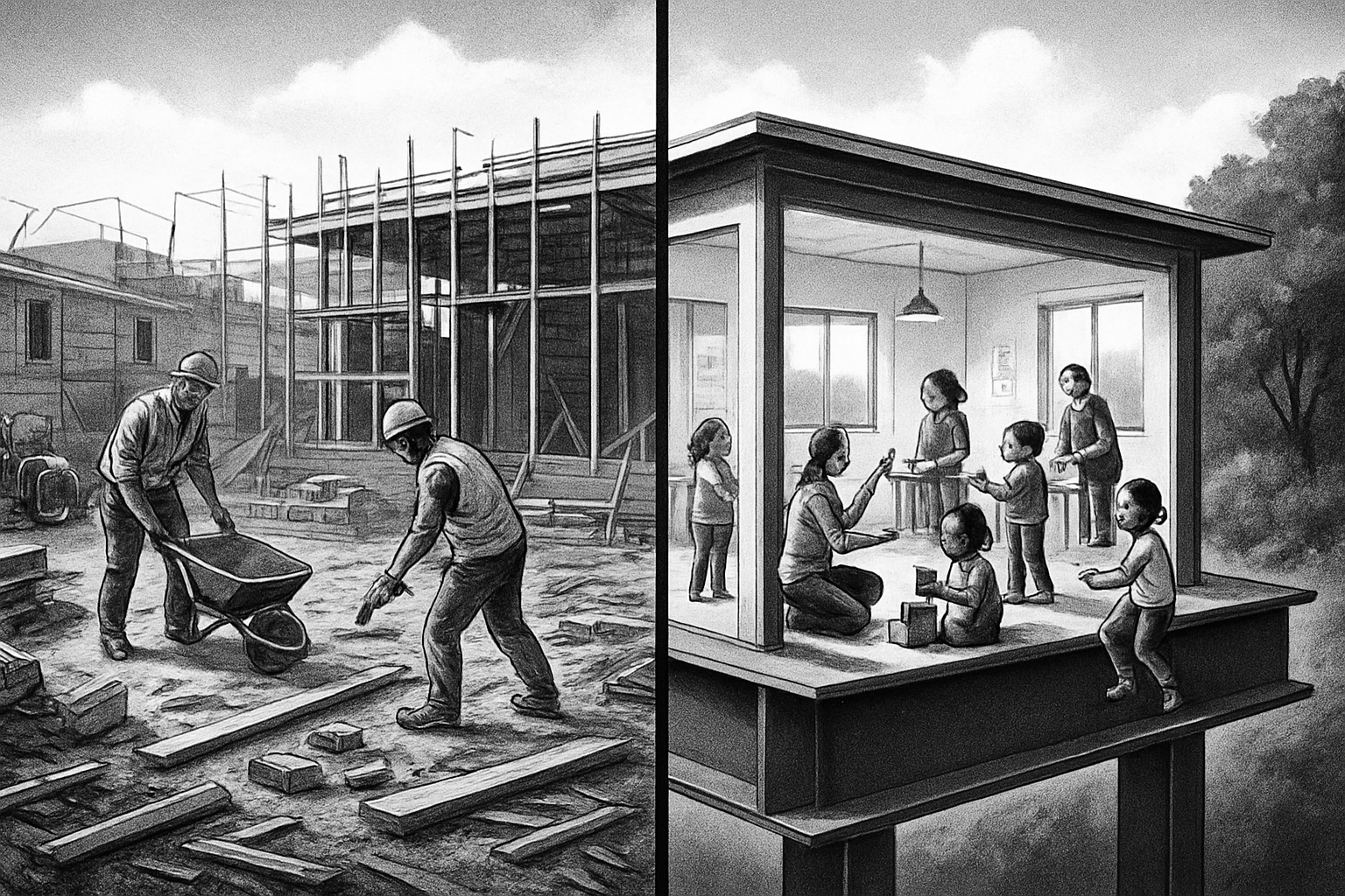 Steel construction site contrasted with completed daycare space.