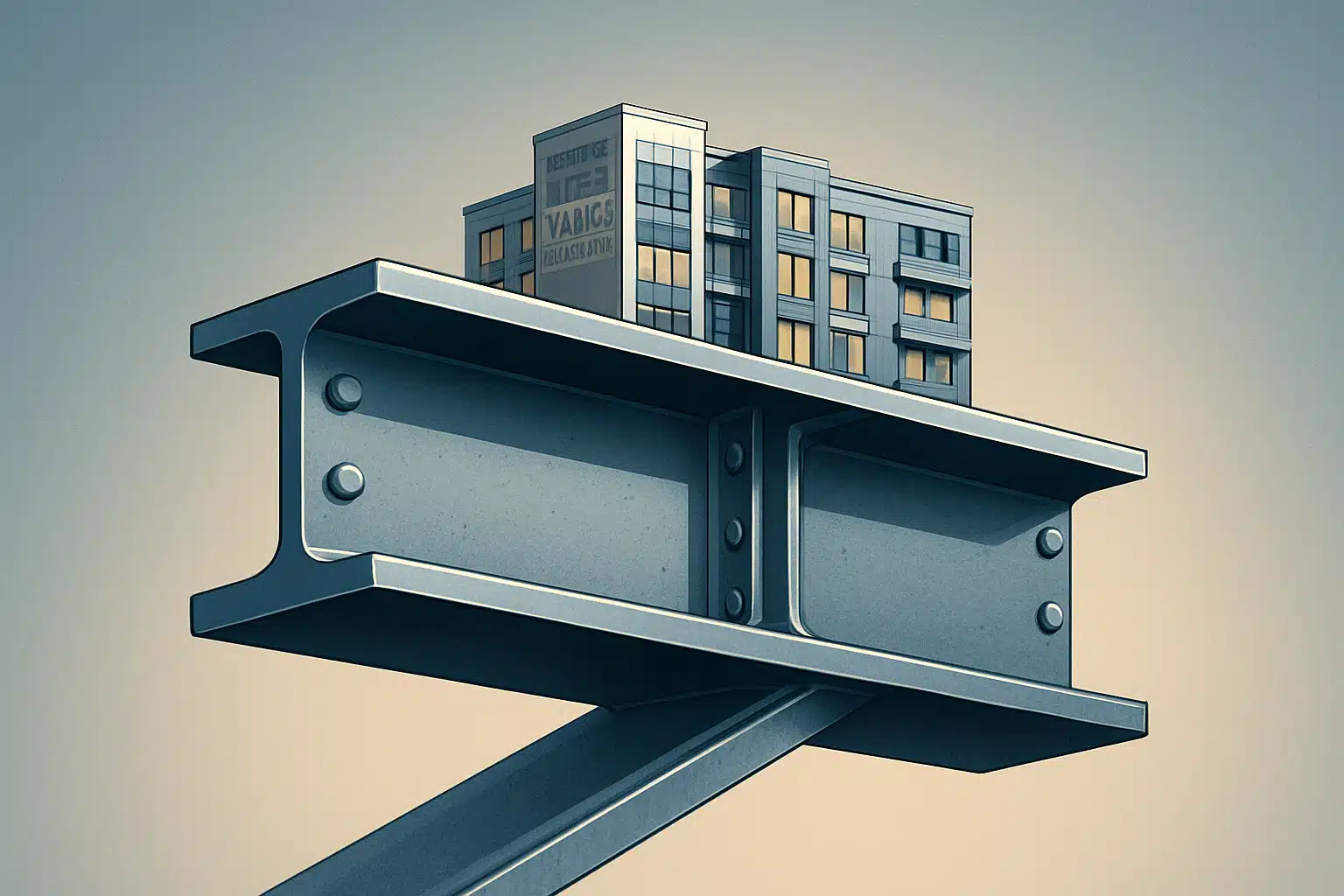 Steel beam supporting a small building, symbolizing construction innovation.